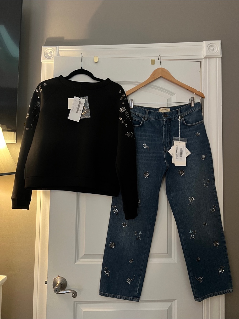 MaxMara Embellished Wide-Leg Jeans in Blue & Embellished Sweatshirt Set